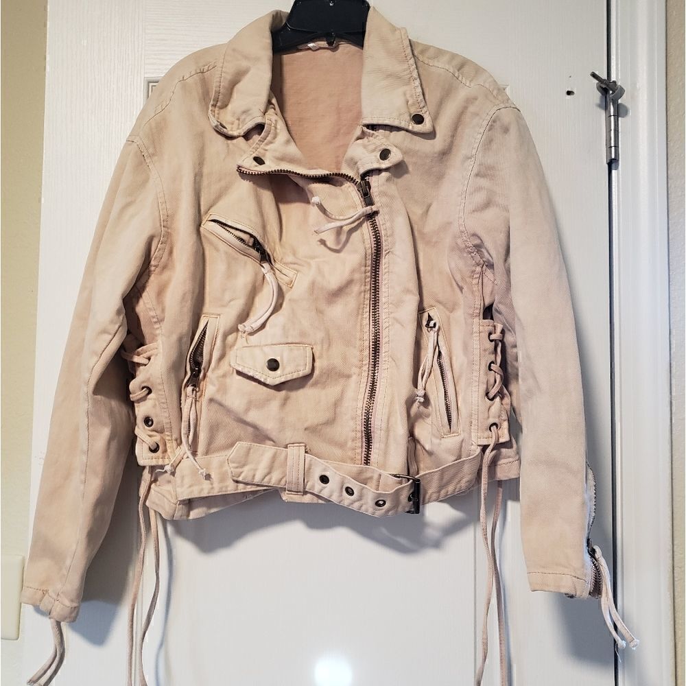 Free People pink belted motto jean denim jacket XS - Picture 10 of 11